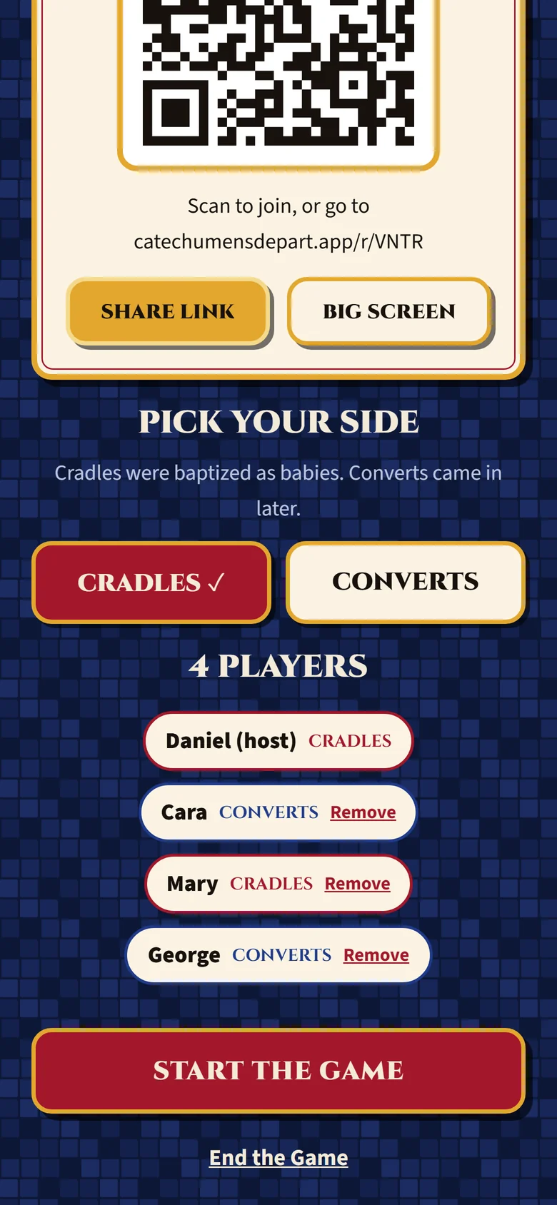 The host's phone: the game code, a QR code, and four players picking Cradles or Converts
