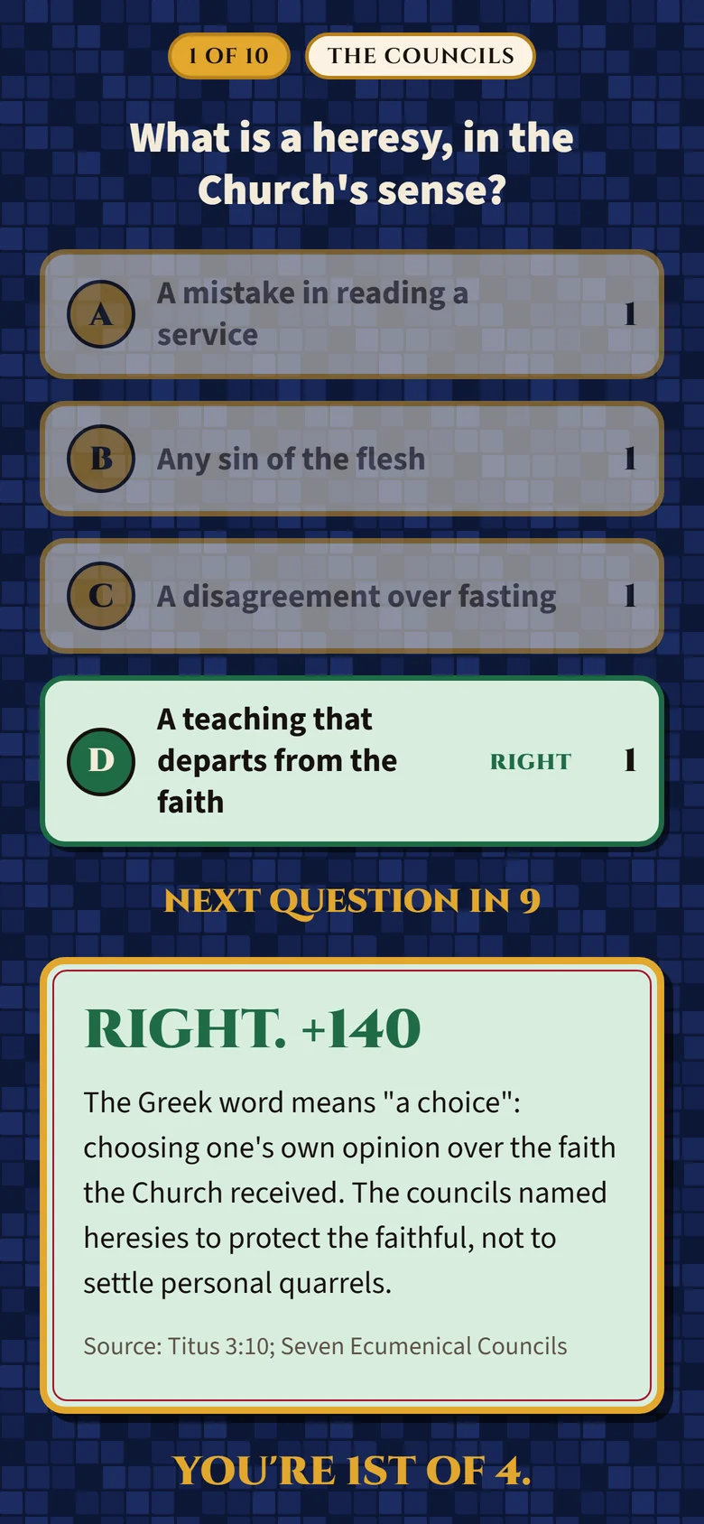 A player's phone after a question: the right answer, the points scored, and why it's right