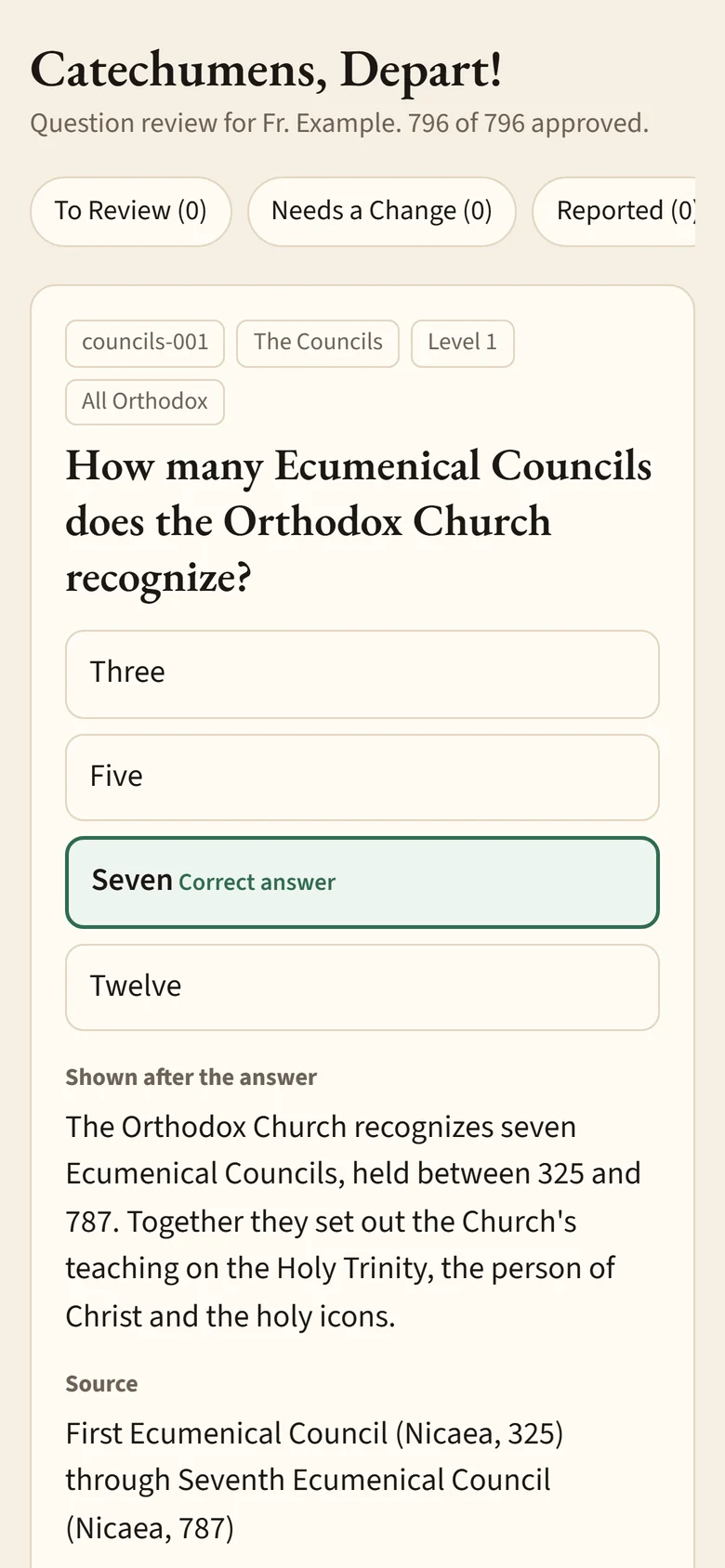 The clergy review page: one question at a time with the answer, explanation and source
