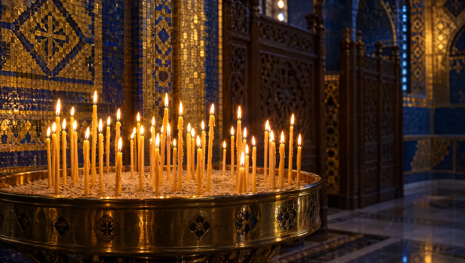Beeswax candles burning in a brass stand before gold mosaic