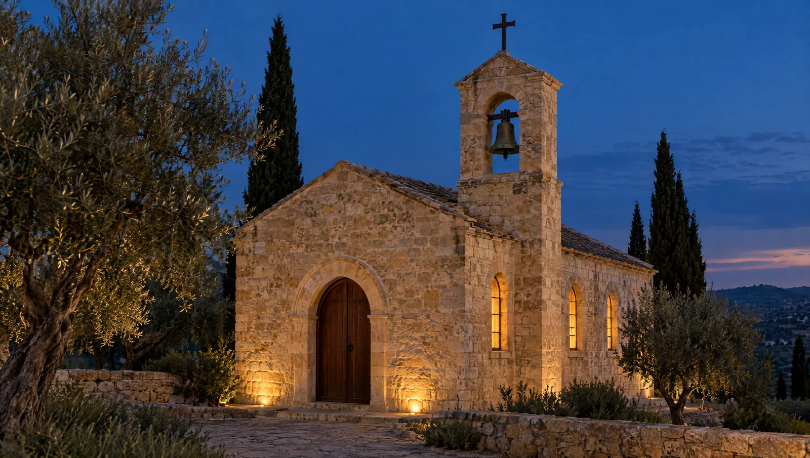 A stone church with a bell tower at dusk