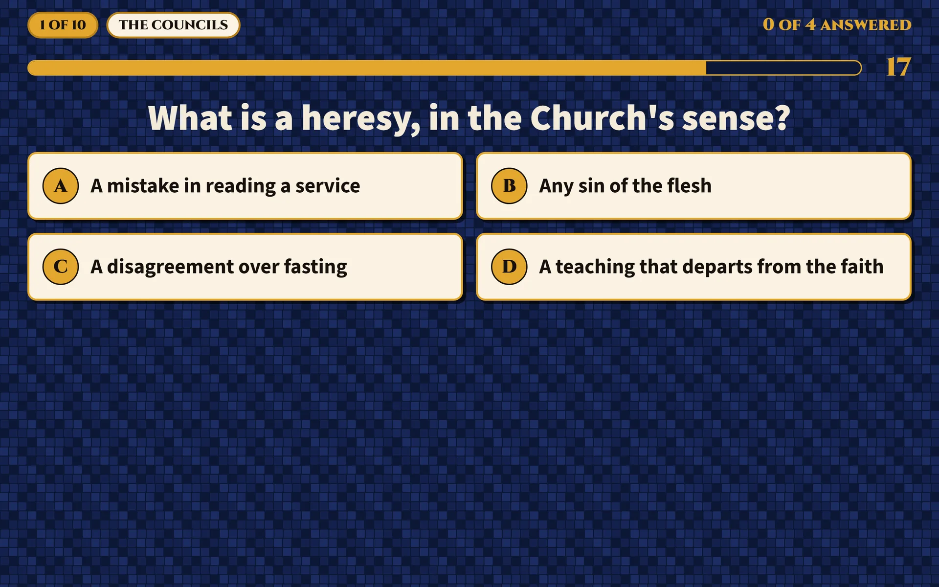 The big screen during a question: the countdown, the question and four answers